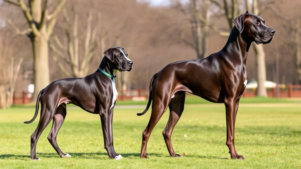 A giant Great Dane puppy standing next to an adult Great Dane in profile, demonstrating the extended growth timeline of giant breeds, outdoor park setting