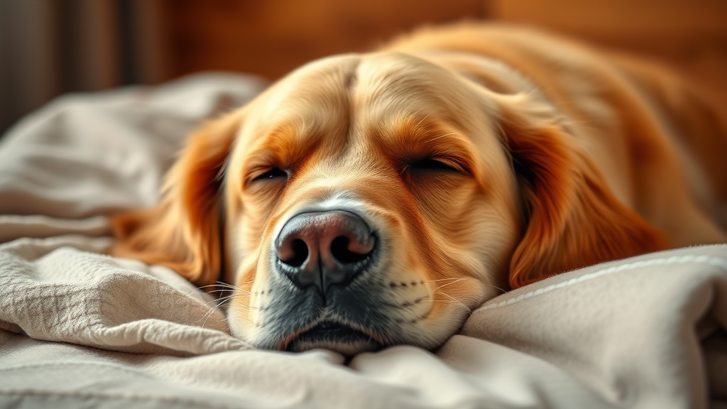 Elderly golden retriever with gray muzzle resting peacefully on soft bedding, warm lighting, no text no words no letters
