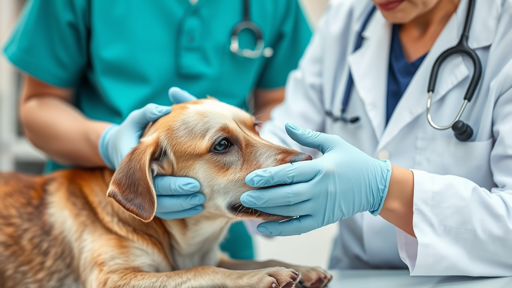 Veterinarian examining older dog, health checkup, caring hands, medical setting, no text no words no letters