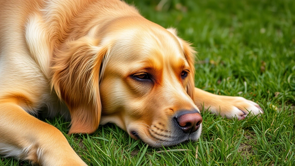 Golden retriever lying on grass looking unwell and uncomfortable, focusing on the dog's facial expression showing distress, natural outdoor lighting