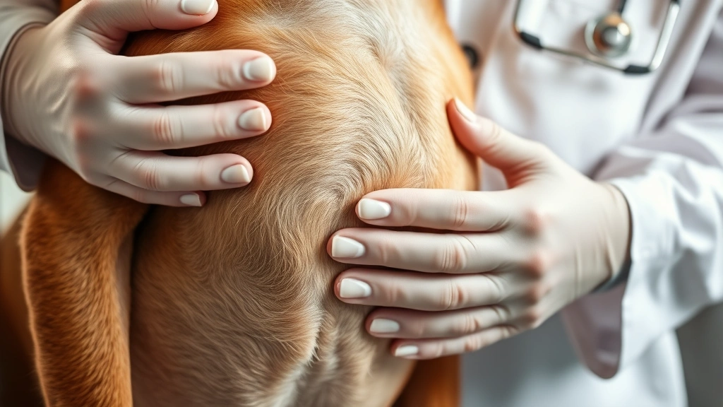 Close-up of veterinarian's hands examining a brown dog's abdomen during medical check-up, clinical setting with soft warm lighting