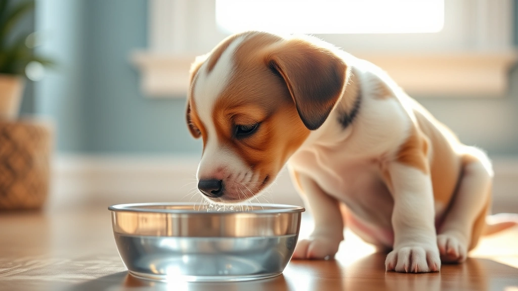 Puppy drinking water from a bowl indoors, showing hydration focus, bright natural window light, healthy environment