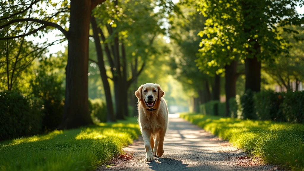 Golden Retriever walking on shaded tree-lined path during early morning, soft sunlight filtering through leaves, dog appears comfortable and hydrated, lush green environment