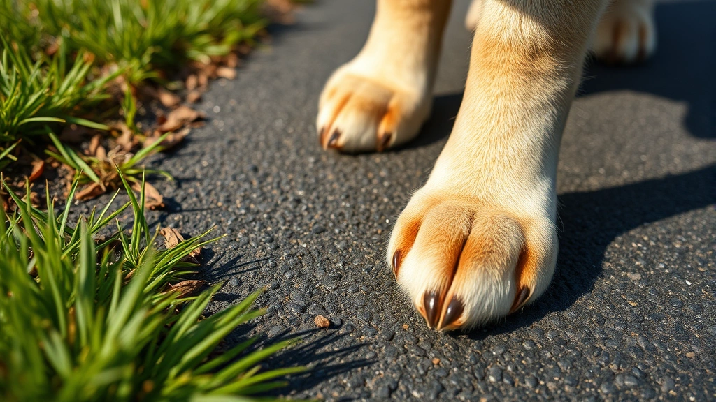 Close-up of dog's paw pads on dark hot asphalt pavement on sunny day, showing the contrast between cool grass nearby and scorching pavement surface
