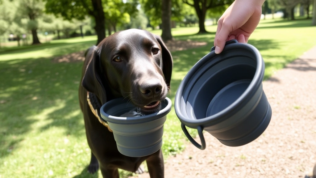 Labrador Retriever drinking from collapsible water bowl held by owner's hand during outdoor walk break, shaded park setting with green grass and trees in background