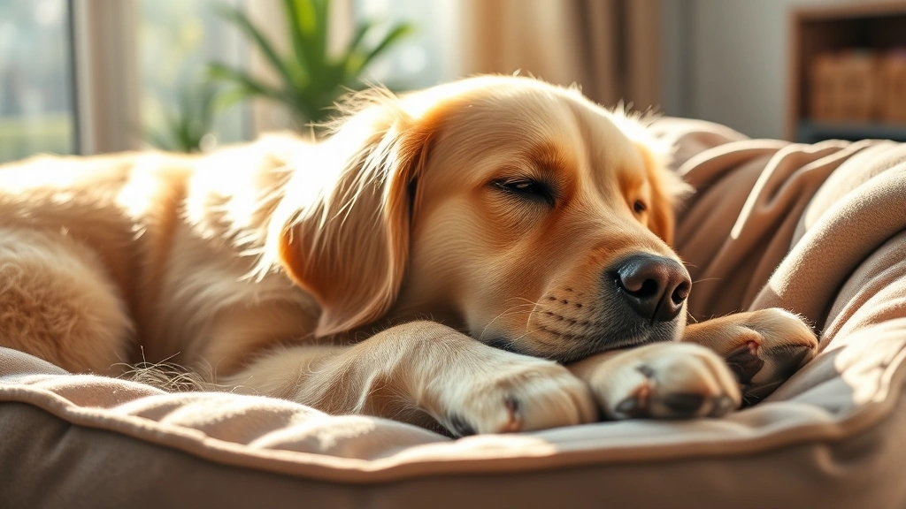 Senior golden retriever resting peacefully on comfortable dog bed in warm sunlight, looking calm and serene