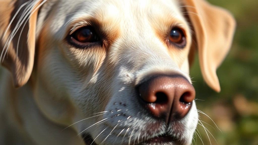Close-up of elderly dog's face showing gentle wisdom and soft eyes, peaceful expression in natural lighting