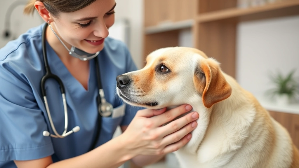 Veterinarian gently examining senior dog with stethoscope in caring clinic environment, showing compassion