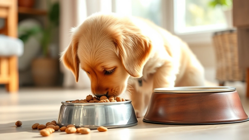 Golden retriever puppy eating from food bowl, indoors natural lighting, playful expression