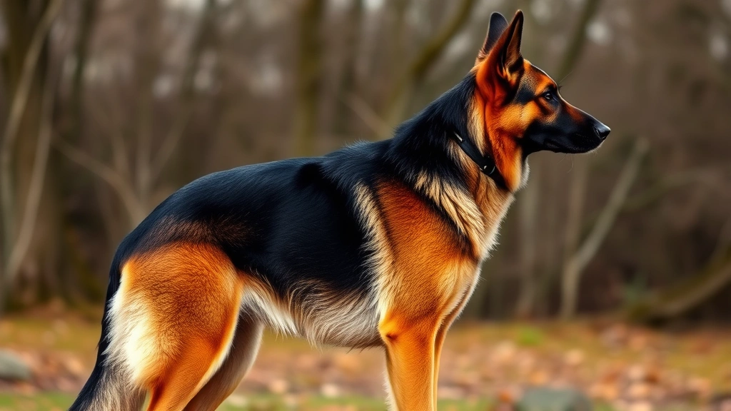 Adult German Shepherd at full height standing in profile, healthy muscular build, outdoor setting