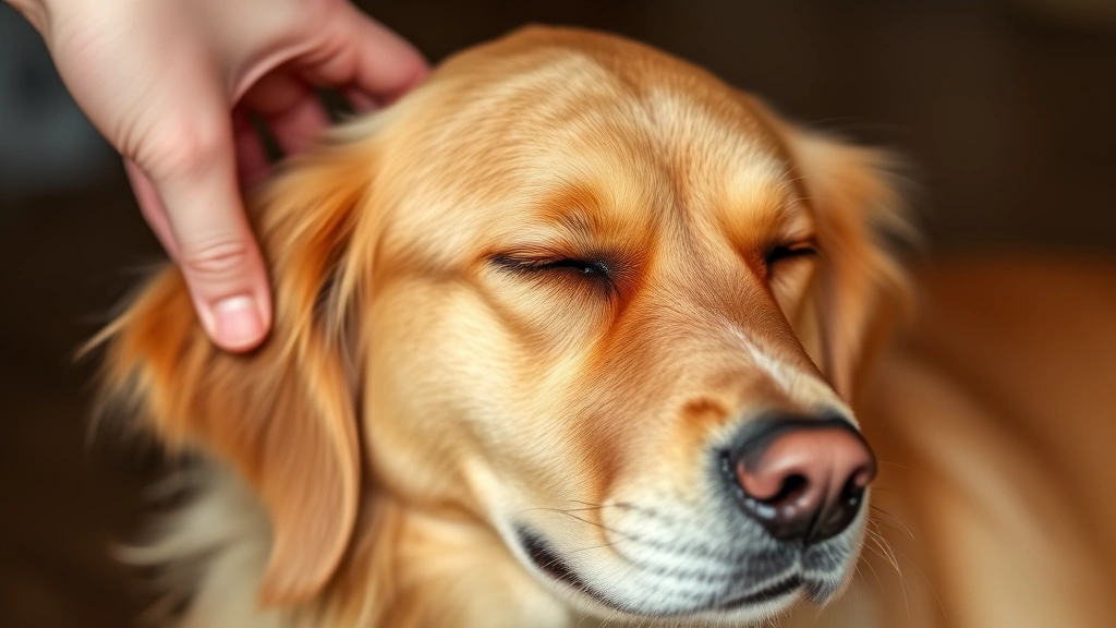 Golden Retriever with eyes closed, leaning into a hand scratching behind its ear, expression of pure contentment and relaxation