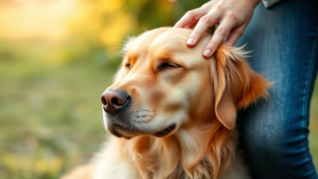 Golden Retriever leaning into person's hand being scratched behind ear, eyes closed in contentment, soft natural lighting
