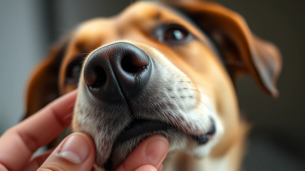 Close-up of a dog's face tilted upward with relaxed features as fingers scratch under its chin gently, soft natural lighting