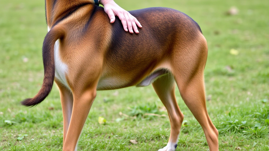 Large breed dog standing with body leaning into a hand scratching along its back and ribs, tail wagging mid-motion