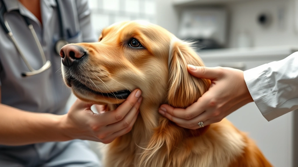 Golden retriever sitting calmly while veterinarian gently examines neck and jaw area with hands, professional clinic setting with soft lighting