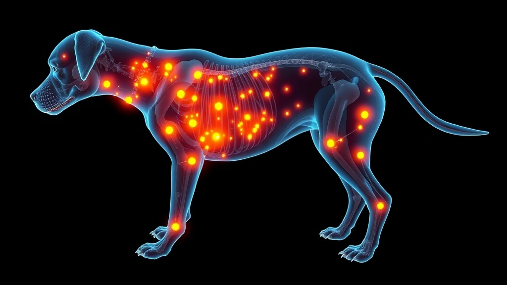 Anatomical cross-section visualization showing dog's lymph node locations throughout body including neck, shoulders, groin areas with glowing nodes highlighted