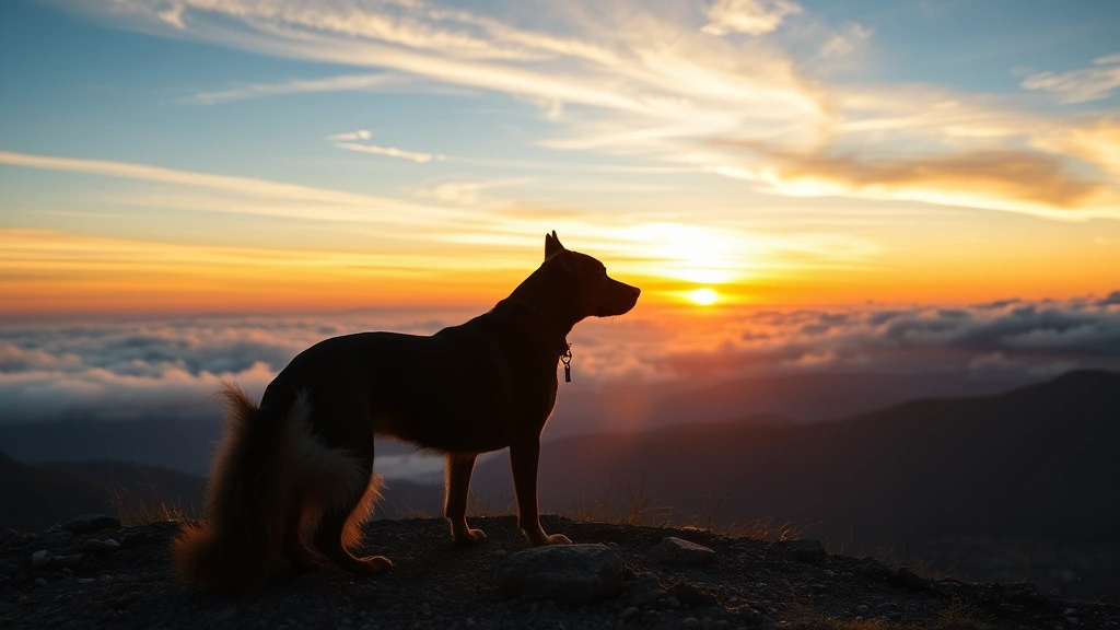 Peaceful dog silhouette at sunset overlooking mountains and clouds, serene landscape