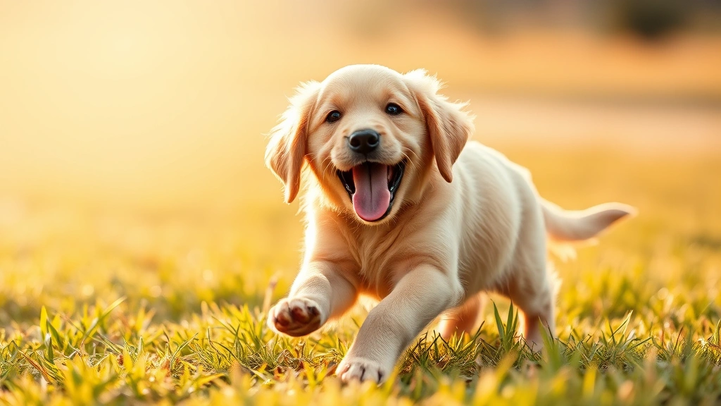 Golden retriever puppy playing in grassy field with warm sunlight, joyful expression, outdoor natural setting