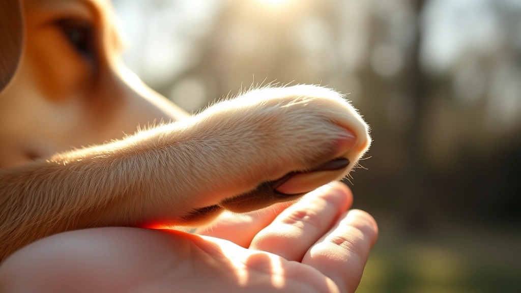 Close-up of dog's paw gently resting on human hand, warm sunlight, tender moment