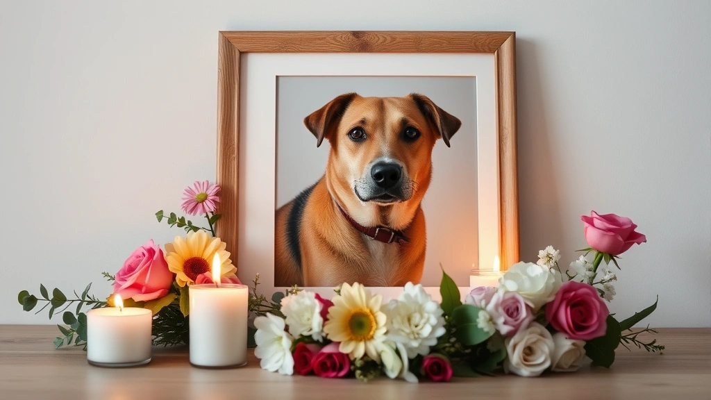 Framed photograph of family dog with flowers and candles arranged as memorial, heartfelt remembrance setup