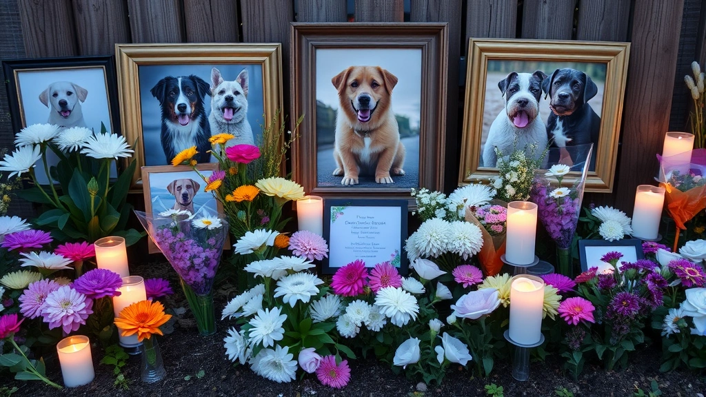 Memorial garden with flowers and candles surrounding framed dog photographs, tribute