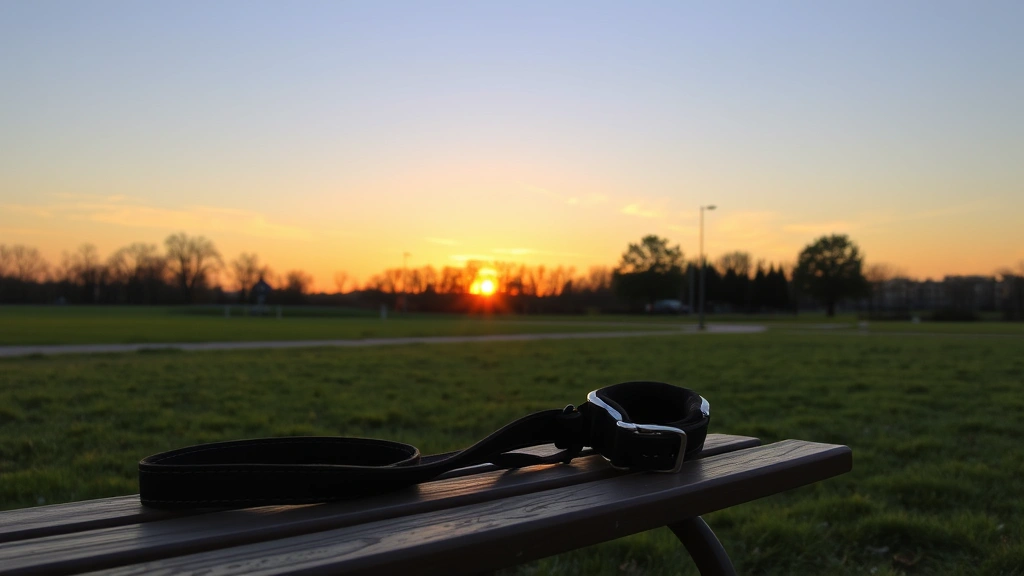 Sunset over peaceful park with empty leash and collar on bench, symbolic tribute to departed pet