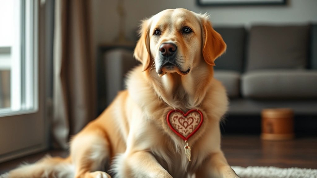Golden retriever sitting calmly with hand placed gently on left chest area, showing heartbeat checking position, peaceful indoor setting