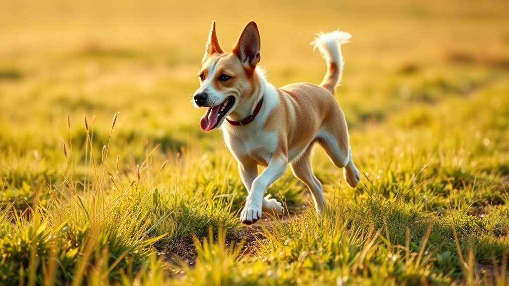 Healthy active dog running through grassy field during daytime, demonstrating cardiovascular exercise and fitness for heart health