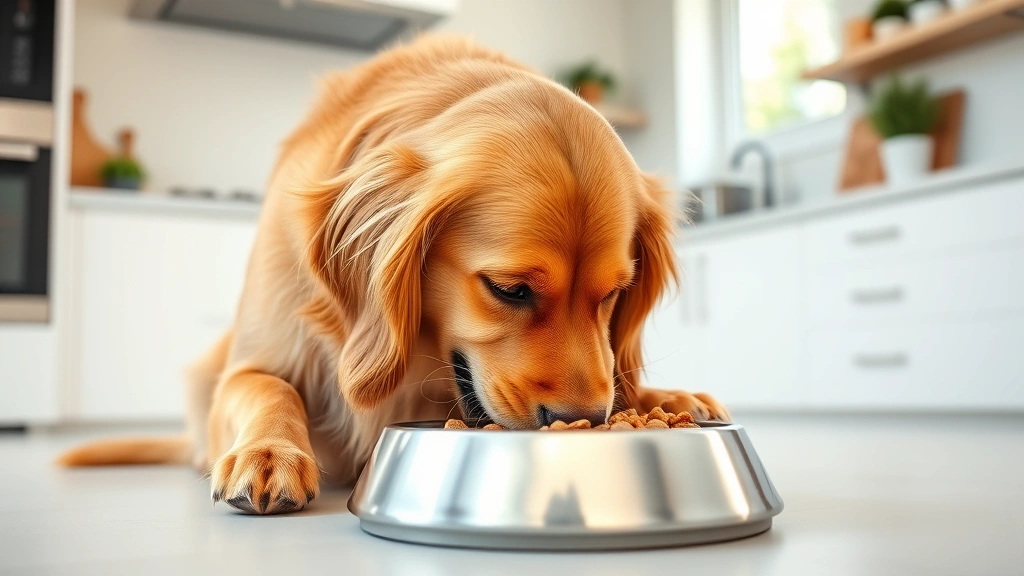 Golden Retriever happily eating fresh dog food from a modern stainless steel bowl in a bright, clean kitchen setting, photorealistic