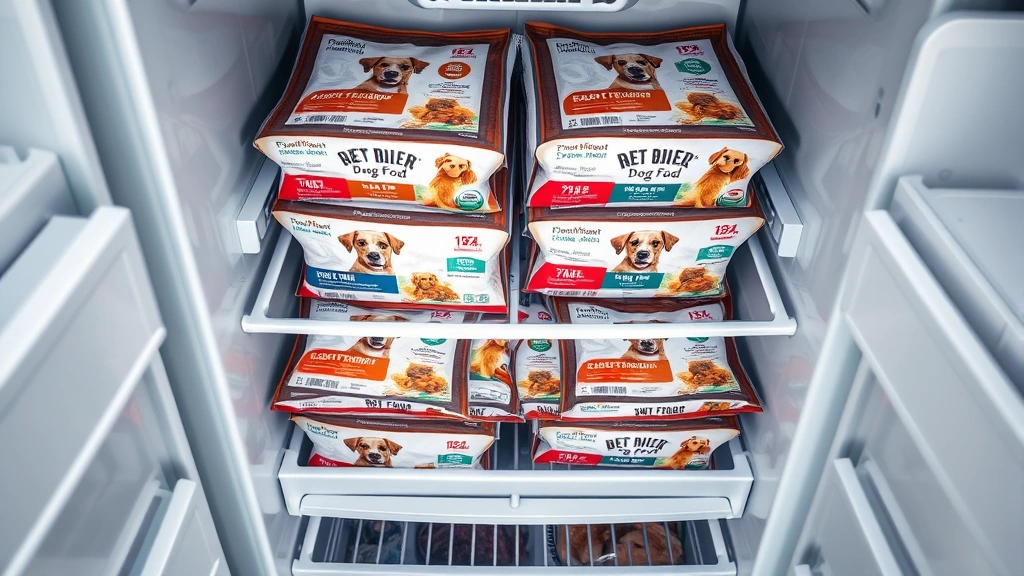 Organized home freezer with multiple packages of premium frozen dog food neatly stacked on shelves, photorealistic overhead view