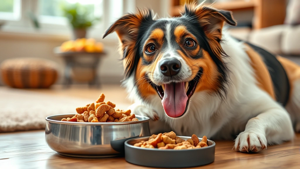 Happy mixed-breed dog enjoying meal time with fresh, wholesome dog food visible in bowl, natural home environment, photorealistic