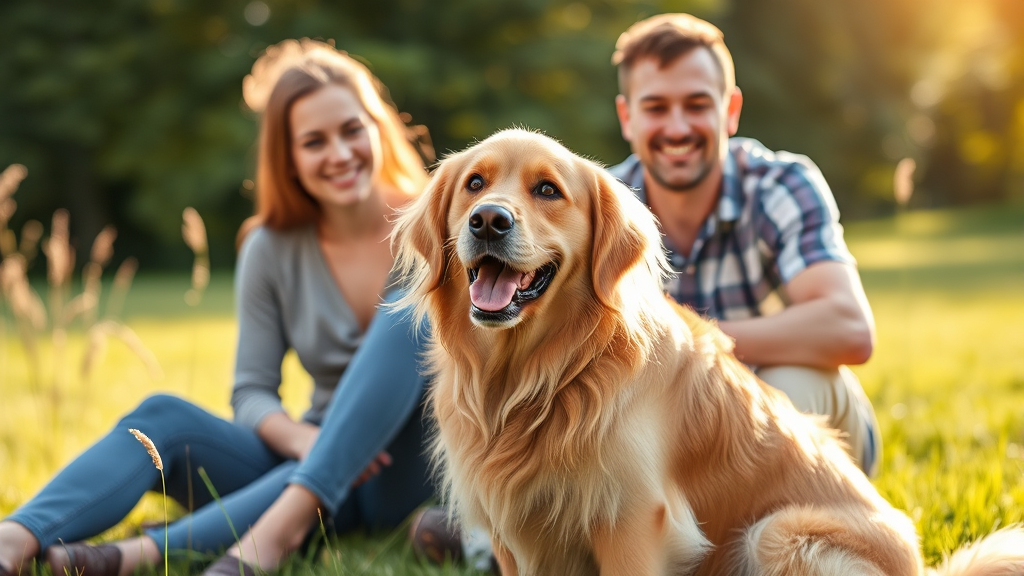 Happy golden retriever sitting beside smiling family outdoors, warm sunlight, green grass, no text no words no letters