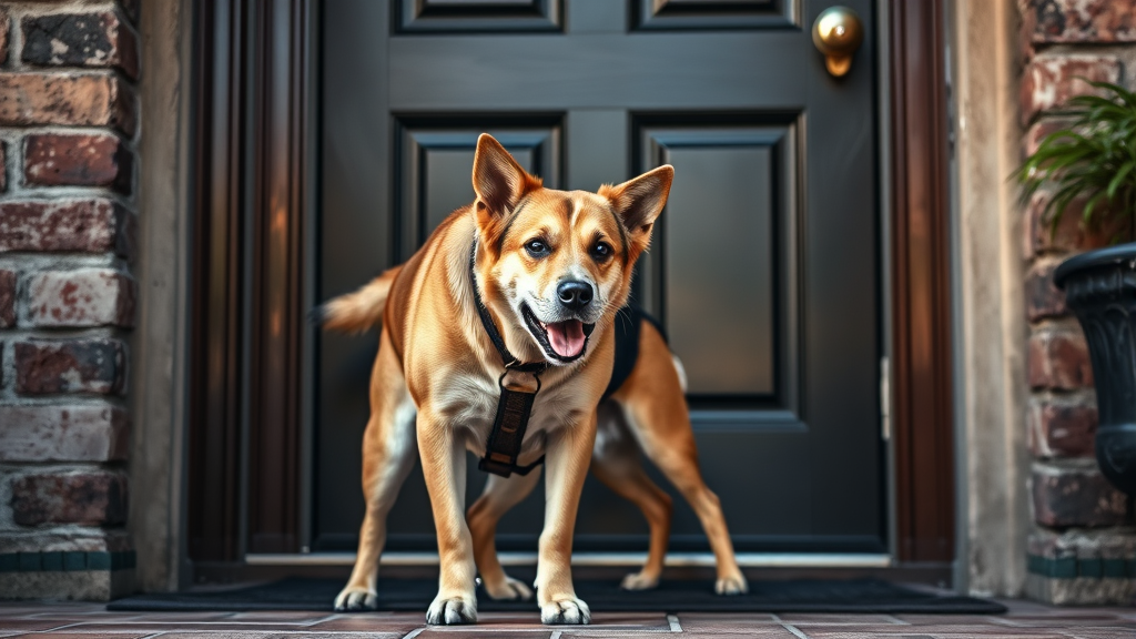Loyal dog protecting home entrance, alert posture, front door background, security concept, no text no words no letters