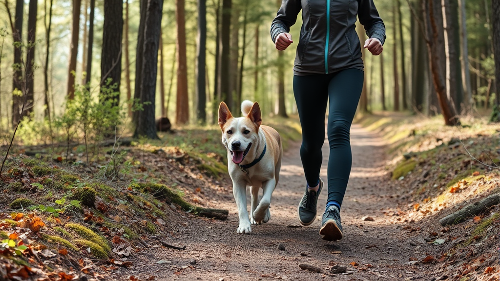 Person walking energetic dog on forest trail, active lifestyle, exercise together, nature setting, no text no words no letters