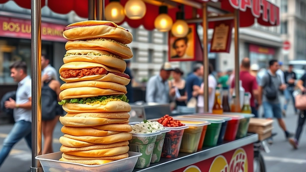 Vibrant street food vendor stand with stacked hot dogs, various toppings in containers, busy urban background, authentic food cart atmosphere, daylight scene