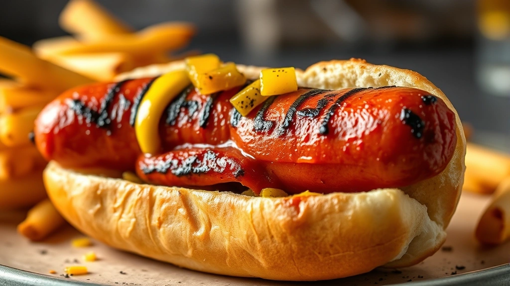 Close-up of a perfectly grilled hot dog on a bun with mustard and relish, photorealistic style, professional food photography lighting