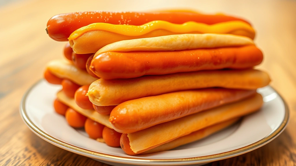 Stack of multiple hot dogs arranged artistically on a plate, vibrant colors, appetizing presentation, shallow depth of field