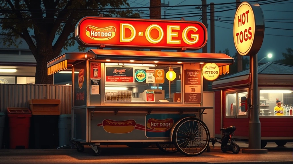 Vintage 1980s style hot dog cart or stand with retro signage and warm nostalgic lighting, street food aesthetic, detailed and authentic