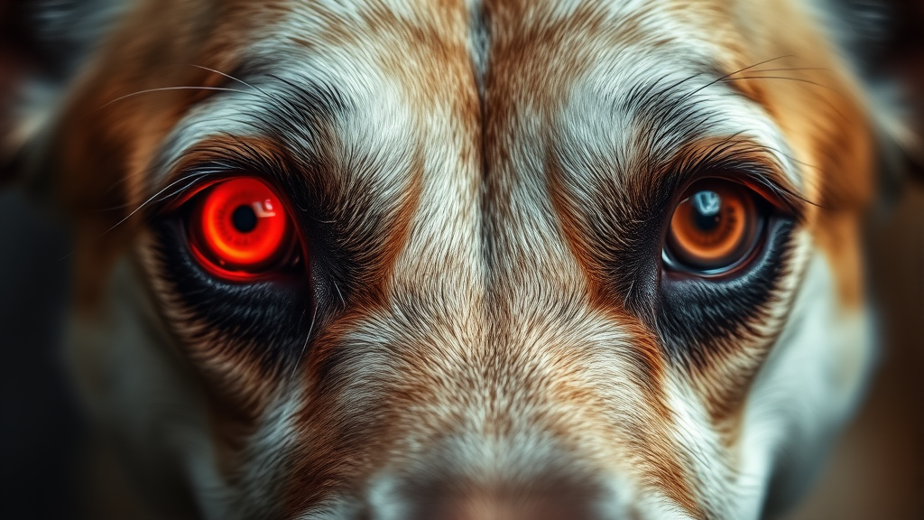 Close up of dog with red bloodshot eyes showing inflammation and irritation, no text no words no letters