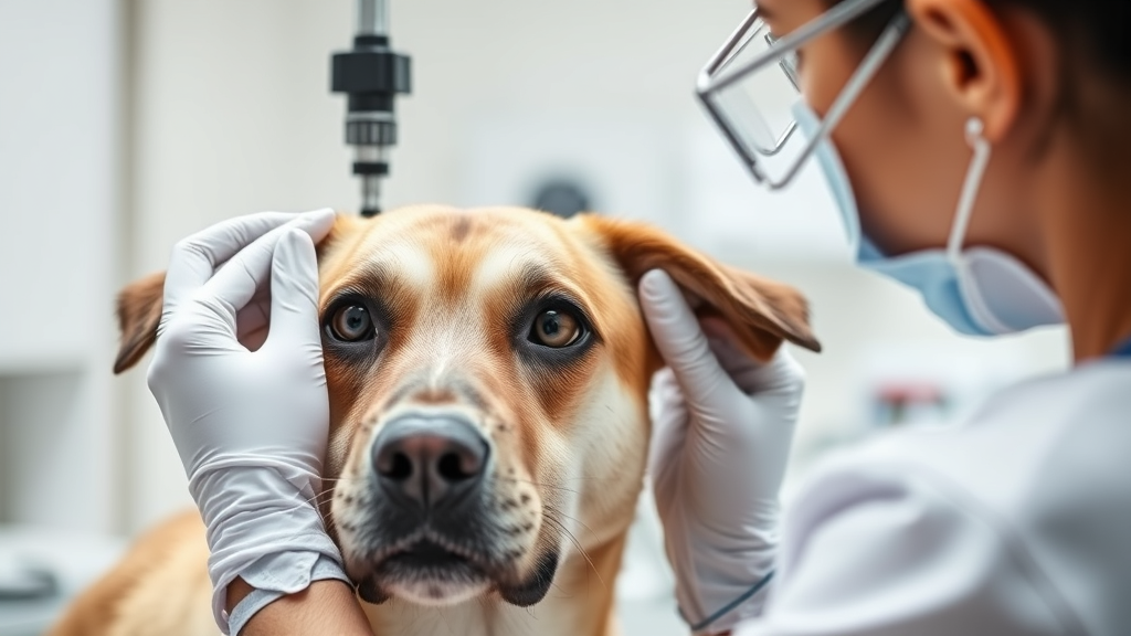Veterinarian examining dog eyes with medical equipment in bright clinical setting, no text no words no letters