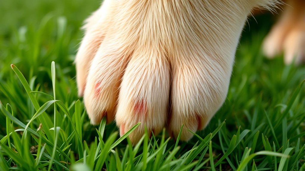 Close-up of a golden retriever's paw pads showing natural pink coloring against grass, photorealistic, clear focus on toe beans and pad texture