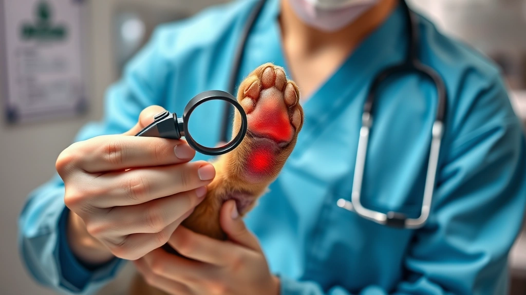 Veterinarian examining a dog's red inflamed paw with gentle hands using a magnifying tool, clinical setting, photorealistic professional environment