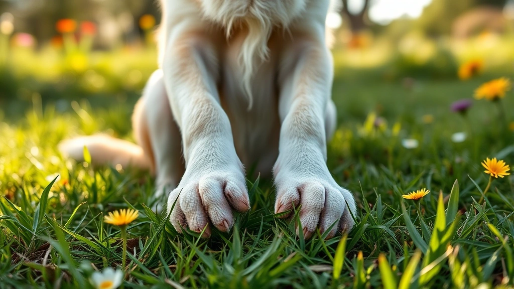 Dog sitting outdoors with front paws in dewy grass and wildflowers, showing paw pad detail, natural sunlight, peaceful garden setting, photorealistic
