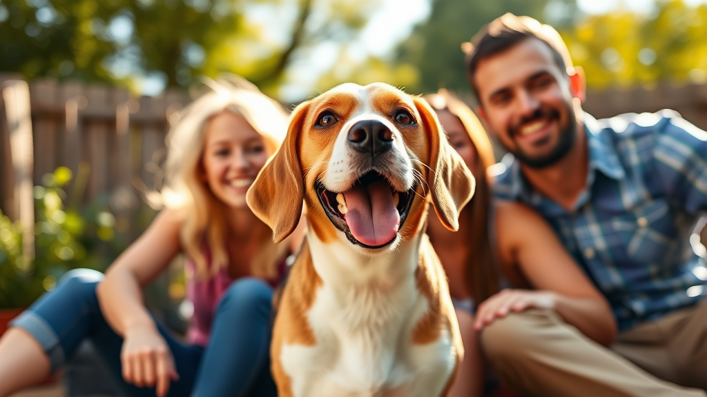 Happy beagle dog with family in sunny backyard setting, warm natural lighting, joyful expression, no text no words no letters