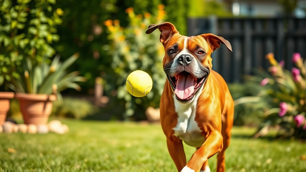 Playful boxer dog with joyful expression running through sunny backyard with tennis ball