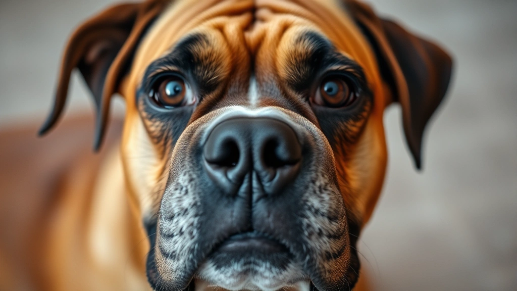 Close-up of boxer dog's expressive face showing distinctive wrinkles and friendly eyes looking at camera