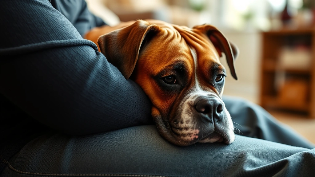 Boxer dog resting head affectionately on person's lap during cozy indoor family time together