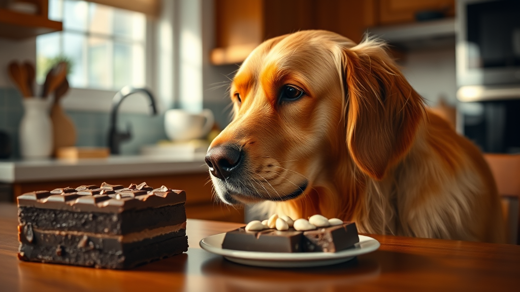 Golden retriever looking longingly at chocolate bar on table, bright kitchen setting, warm lighting, no text no words no letters