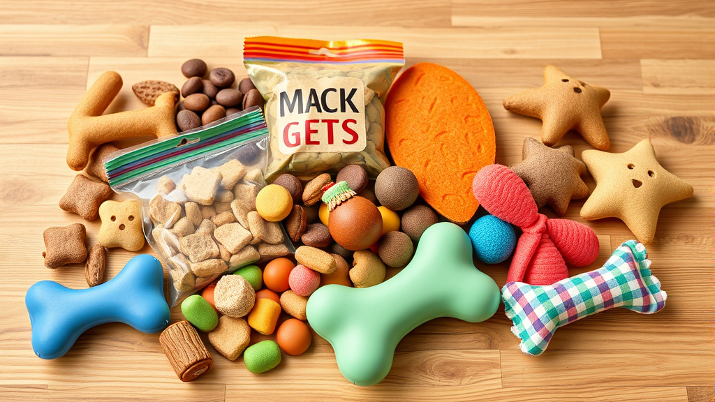 Variety of dog-safe treats and toys arranged on wooden surface, colorful and appealing presentation, no text no words no letters