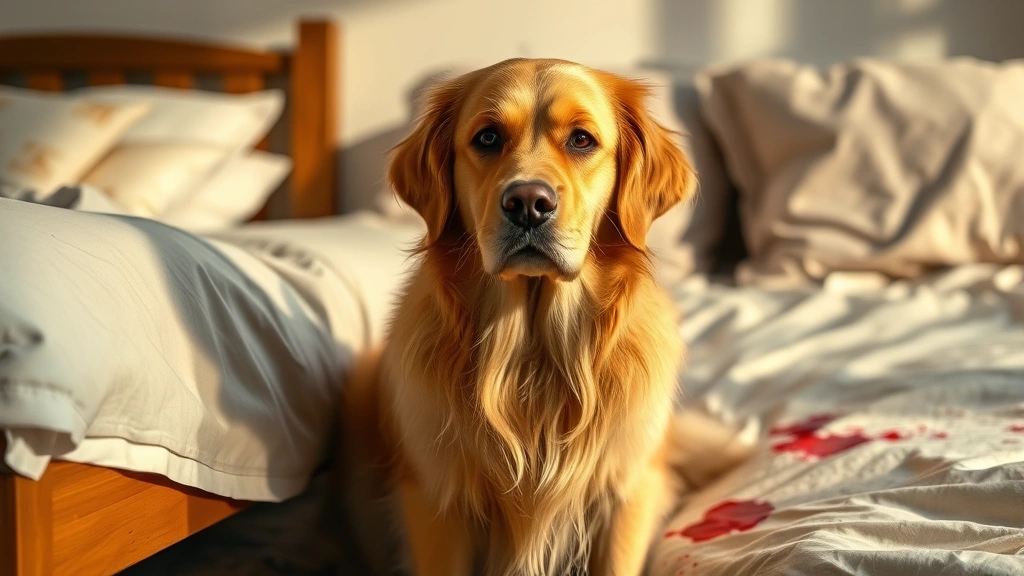 A golden retriever looking guilty sitting next to a bed with a wet stain, natural bedroom lighting, photorealistic